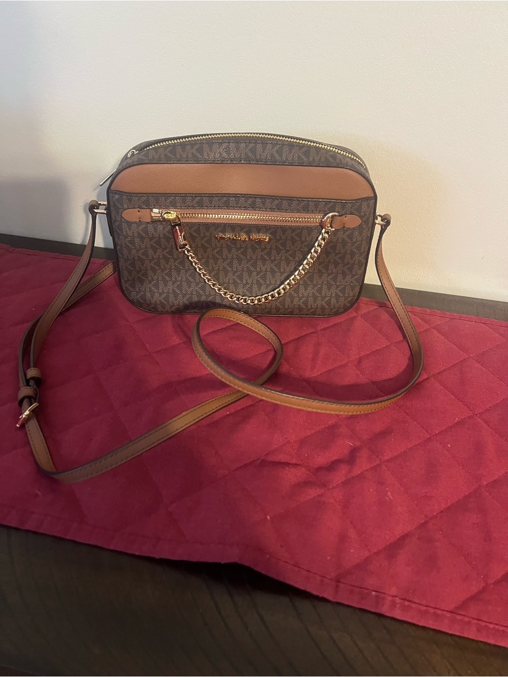 Michael Kors Brown Logo Canvas Crossbody with Tan Trim